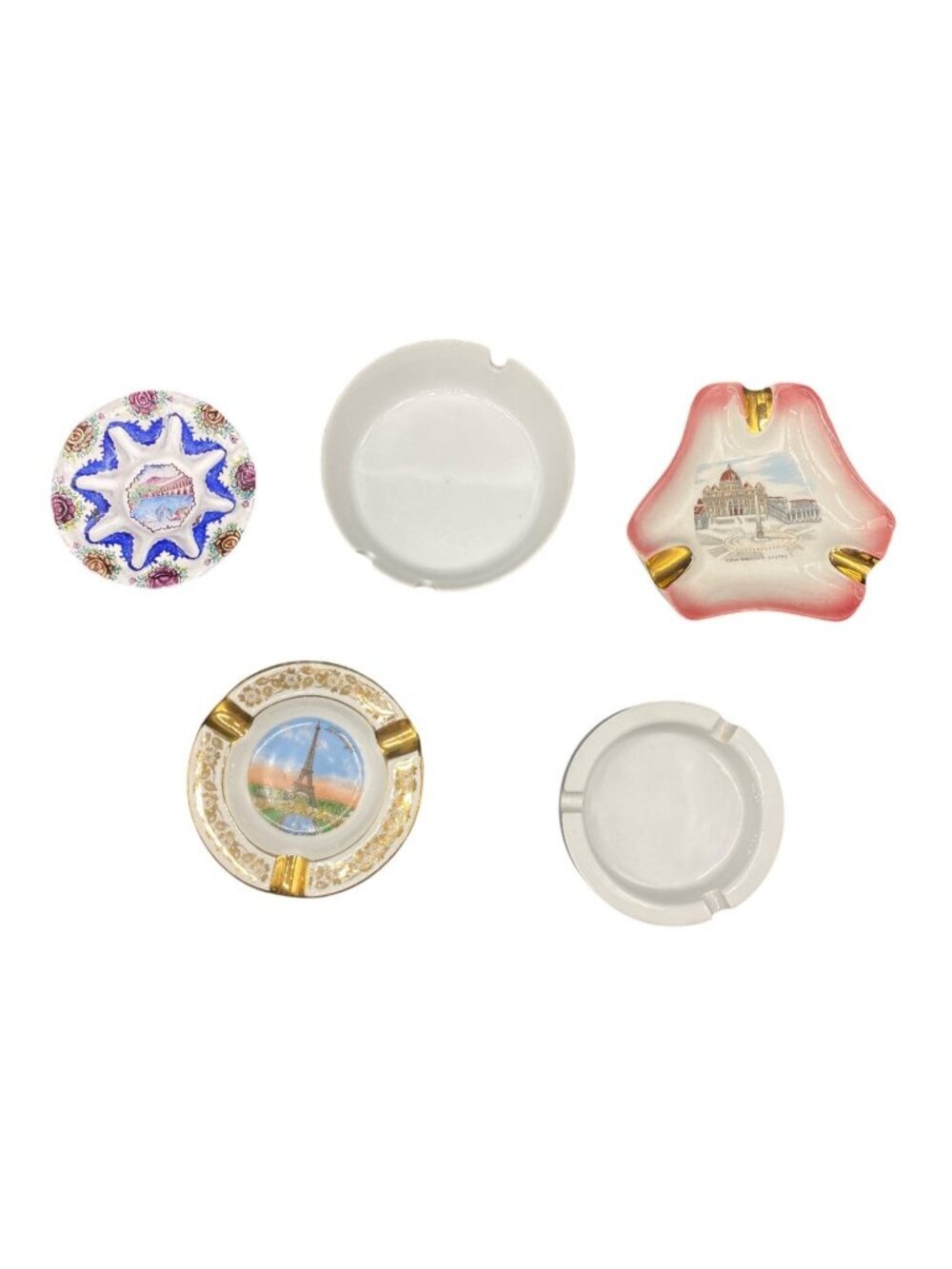Vintage Ceramic Ashtray Lot Gold Accents Scenic Designs 5 Piece Various Styles